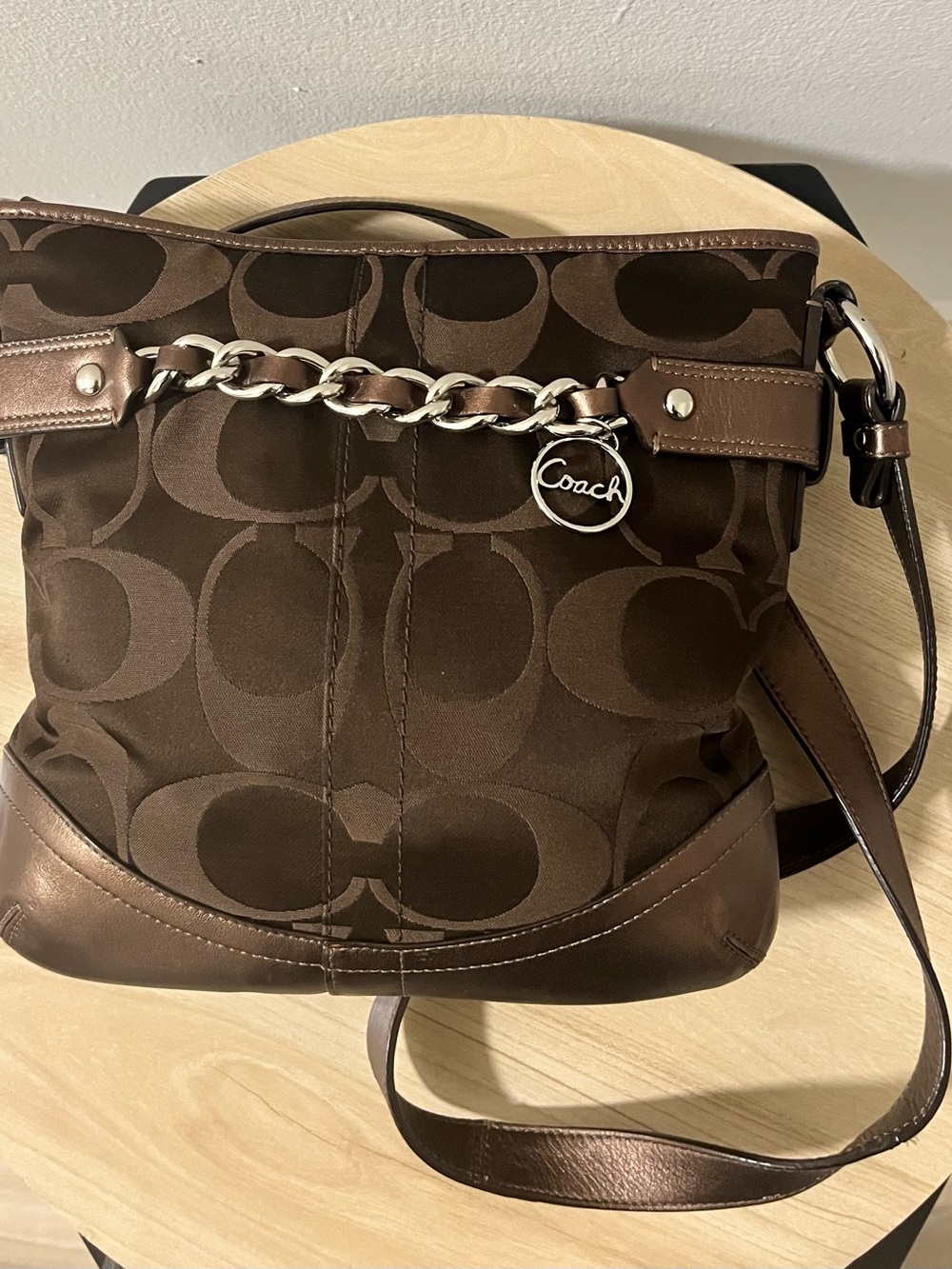 Coach Dark Chocolate Signature Logo Chain-Trim Crossbody Bag